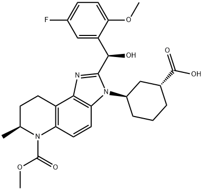 6H-Imidazo[4,5-f]quinoline-6-carboxylic acid, 3-[(1R,3R)-3-carboxycyclohexyl]-2-[(R)-(5-fluoro-2-methoxyphenyl)hydroxymethyl]-3,7,8,9-tetrahydro-7-methyl-, 6-methyl ester, (7S)- Struktur