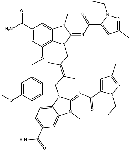 1H-Benzimidazole-5-carboxamide, 1-[(2E)-4-[(2E)-5-(aminocarbonyl)-2-[[(1-ethyl-3-methyl-1H-pyrazol-5-yl)carbonyl]imino]-2,3-dihydro-3-methyl-1H-benzimidazol-1-yl]-2,3-dimethyl-2-buten-1-yl]-2-[[(1-ethyl-3-methyl-1H-pyrazol-5-yl)carbonyl]imino]-2,3-dihydro-7-[(3-methoxyphenyl)methoxy]-3-methyl-, (2E)- Struktur