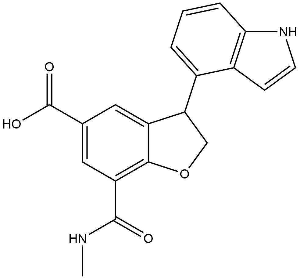 3-(1H-Indol-4-yl)-7-(methylcarbamoyl)-2,3-dihydrobenzofuran-5-carboxylic acid 化学構造式