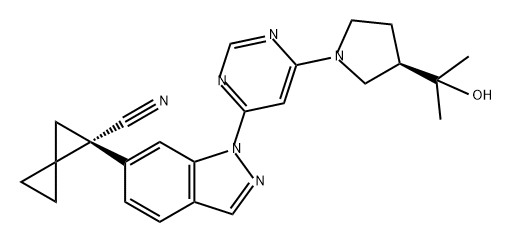 Spiro[2.2]pentane-1-carbonitrile, 1-[1-[6-[(3R)-3-(1-hydroxy-1-methylethyl)-1-pyrrolidinyl]-4-pyrimidinyl]-1H-indazol-6-yl]-, (1S)- Struktur