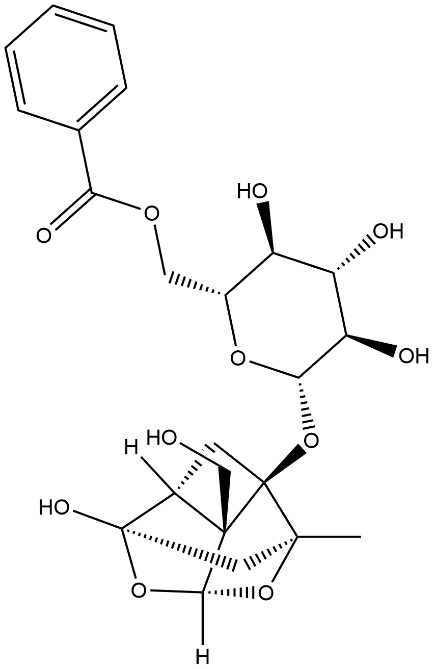 β-D-Glucopyranoside, (1aR,2S,3aR,5R,5aR,5bS)-tetrahydro-5-hydroxy-5b-(hydroxymethyl)-2-methyl-2,5-methano-1H-3,4-dioxacyclobuta[cd]pentalen-1a(2H)-yl, 6-benzoate 化学構造式