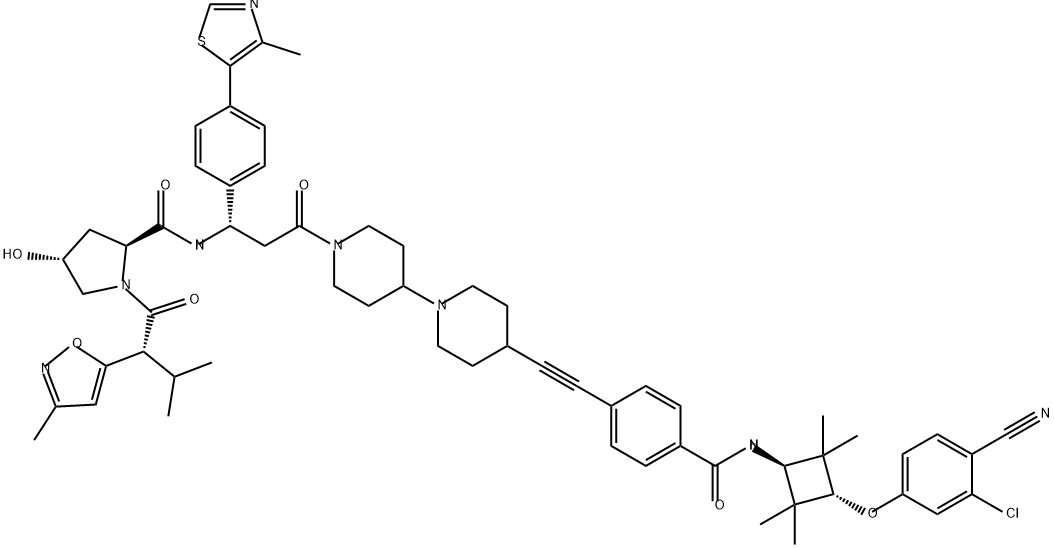 2-Pyrrolidinecarboxamide, N-[(1S)-3-[4-[2-[4-[[[trans-3-(3-chloro-4-cyanophenoxy)-2,2,4,4-tetramethylcyclobutyl]amino]carbonyl]phenyl]ethynyl][1,4'-bipiperidin]-1'-yl]-1-[4-(4-methyl-5-thiazolyl)phenyl]-3-oxopropyl]-4-hydroxy-1-[(2R)-3-methyl-2-(3-methyl-5-isoxazolyl)-1-oxobutyl]-, (2S,4R)-,2316837-08-6,结构式