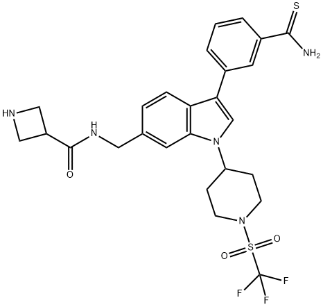 3-Azetidinecarboxamide, N-[[3-[3-(aminothioxomethyl)phenyl]-1-[1-[(trifluoromethyl)sulfonyl]-4-piperidinyl]-1H-indol-6-yl]methyl]- 结构式