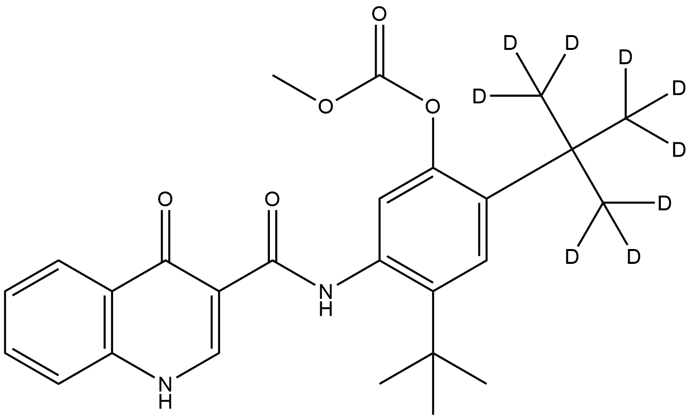 4-(tert-butyl)-2-(2-(methyl-d3)propan-2-yl-1,1,1,3,3,3-d6)-5-(4-oxo-1,4-dihydroquinoline-3-carboxamido)phenyl methyl carbonate Struktur