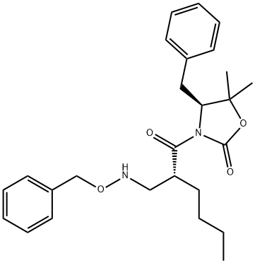 2-Oxazolidinone, 5,5-dimethyl-3-[(2R)-1-oxo-2-[[(phenylmethoxy)amino]methyl]hexyl]-4-(phenylmethyl)-, (4S)- 化学構造式