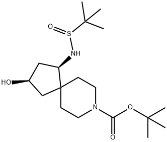 tert-Butyl (1R,3R)-1-((tert-butylsulfinyl)amino)-3-hydroxy-8-azaspiro[4.5]decane-8-carboxylate 化学構造式