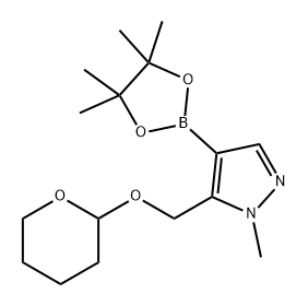 1H-Pyrazole, 1-methyl-5-[[(tetrahydro-2H-pyran-2-yl)oxy]methyl]-4-(4,4,5,5-tetramethyl-1,3,2-dioxaborolan-2-yl)- 化学構造式