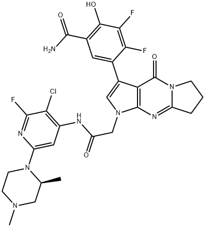 1H-Dipyrrolo[1,2-a:2',3'-d]pyrimidine-1-acetamide, 3-[5-(aminocarbonyl)-2,3-difluoro-4-hydroxyphenyl]-N-[3-chloro-6-[(2S)-2,4-dimethyl-1-piperazinyl]-2-fluoro-4-pyridinyl]-4,6,7,8-tetrahydro-4-oxo- Structure