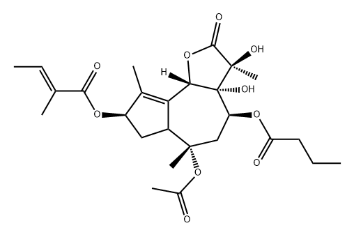 2-Butenoic acid, 2-methyl-, (3S,3aR,4S,6S,8R,9bS)-6-(acetyloxy)-2,3,3a,4,5,6,6a,7,8,9b-decahydro-3,3a-dihydroxy-3,6,9-trimethyl-2-oxo-4-(1-oxobutoxy)azuleno[4,5-b]furan-8-yl ester, (2E)-,2363714-40-1,结构式