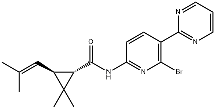 Cyclopropanecarboxamide, N-[6-bromo-5-(2-pyrimidinyl)-2-pyridinyl]-2,2-dimethyl-3-(2-methyl-1-propen-1-yl)-, (1S,3S)- Struktur