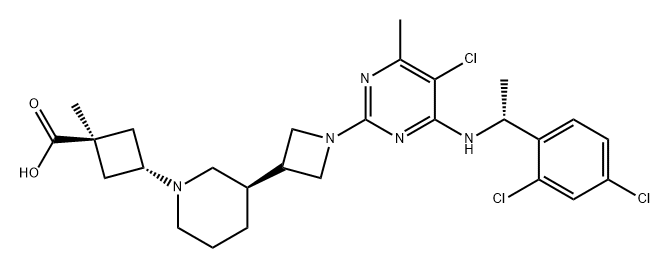 Cyclobutanecarboxylic acid, 3-[(3R)-3-[1-[5-chloro-4-[[(1R)-1-(2,4-dichlorophenyl)ethyl]amino]-6-methyl-2-pyrimidinyl]-3-azetidinyl]-1-piperidinyl]-1-methyl-, trans- Struktur