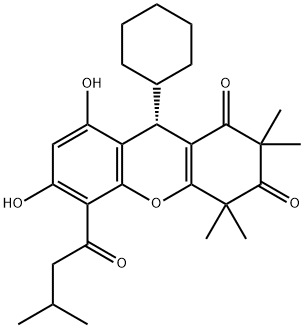 1H-Xanthene-1,3(2H)-dione, 9-cyclohexyl-4,9-dihydro-6,8-dihydroxy-2,2,4,4-tetramethyl-5-(3-methyl-1-oxobutyl)-, (9S)- Structure