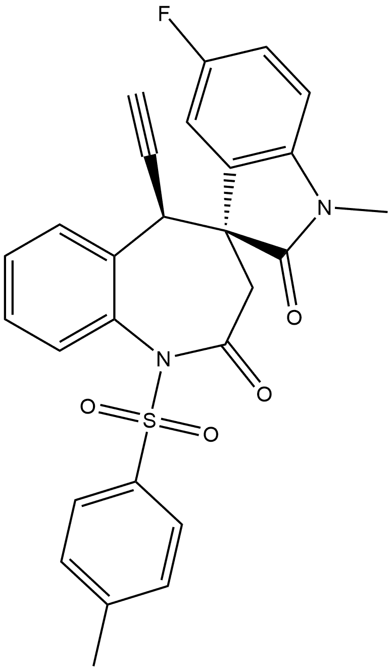 (3′S,5R)-5-Ethynyl-5′-fluoro-1,5-dihydro-1′-methyl-1-[(4-methylphenyl)sulfonyl]spiro[4H-1-benzazepine-4,3′-[3H]indole]-2,2′(1′H,3H)-dione 结构式