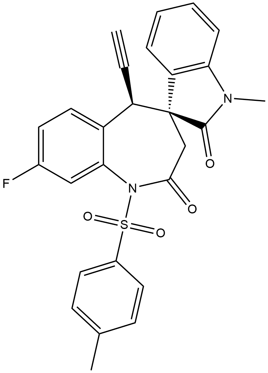 (3′S,5R)-5-Ethynyl-8-fluoro-1,5-dihydro-1′-methyl-1-[(4-methylphenyl)sulfonyl]spiro[4H-1-benzazepine-4,3′-[3H]indole]-2,2′(1′H,3H)-dione 结构式