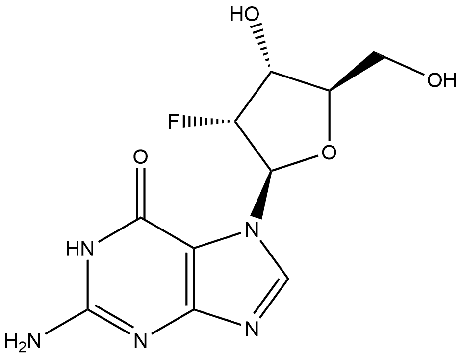 2-Amino-7-((2R,3R,4R,5R)-3-fluoro-4-hydroxy-5-(hydroxymethyl)tetrahydrofuran-2-yl)-1H-purin-6(7H)-one Struktur