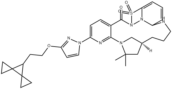 13H-17,20-Methano-8,12-nitrilo-12H-pyrido[3,2-d][1,2,6,13]thiatriazacyclooctadecin-5(6H)-one, 2-[3-(2-dispiro[2.0.2.1]hept-7-ylethoxy)-1H-pyrazol-1-yl]-14,15,16,17,18,19-hexahydro-19,19-dimethyl-, 7,7-dioxide, (17S)-,2374124-49-7,结构式