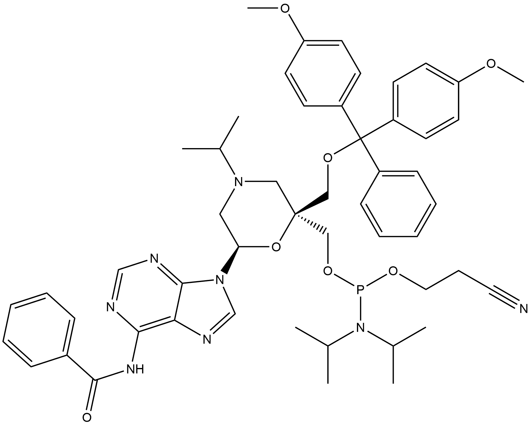 [(2S,6R)-6-[6-(Benzoylamino)-9H-purin-9-yl]-2-[[bis(4-methoxyphenyl)phenylmethoxy]methyl]-4-(1-methylethyl)-2-morpholinyl]methyl 2-cyanoethyl N,N-bis(1-methylethyl)phosphoramidite Structure