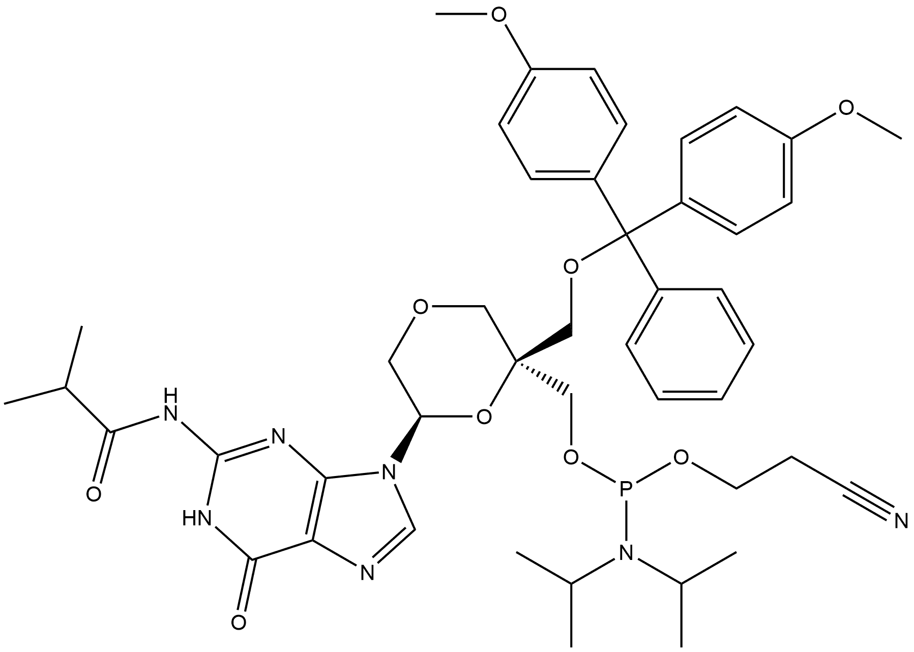 [(2S,6R)-2-[[Bis(4-methoxyphenyl)phenylmethoxy]methyl]-6-[1,6-dihydro-2-[(2-methyl-1-oxopropyl)amino]-6-oxo-9H-purin-9-yl]-1,4-dioxan-2-yl]methyl 2-cyanoethyl N,N-bis(1-methylethyl)phosphoramidite Structure