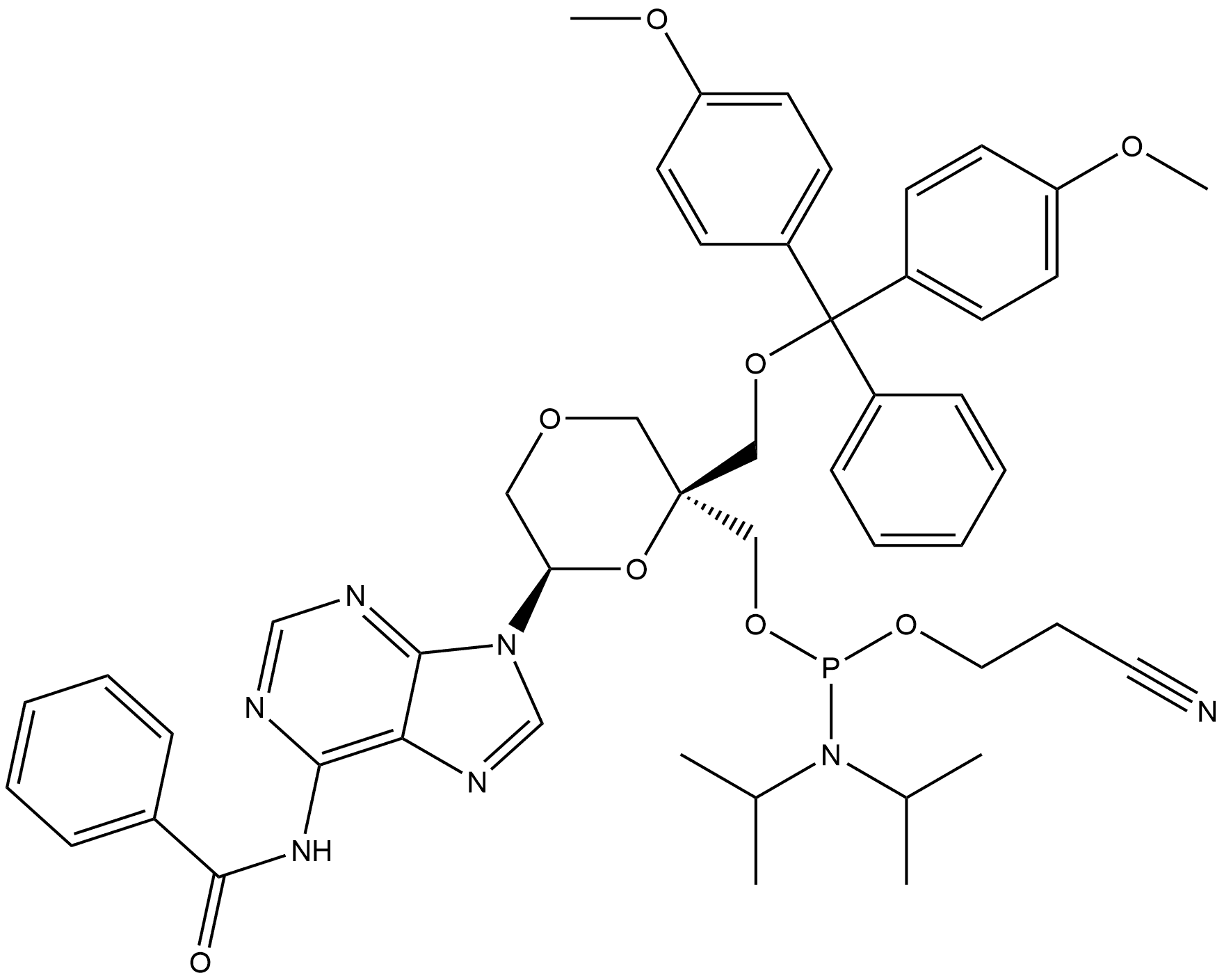 [(2S,6R)-6-[6-(Benzoylamino)-9H-purin-9-yl]-2-[[bis(4-methoxyphenyl)phenylmethoxy]methyl]-1,4-dioxan-2-yl]methyl 2-cyanoethyl N,N-bis(1-methylethyl)phosphoramidite,2376456-05-0,结构式