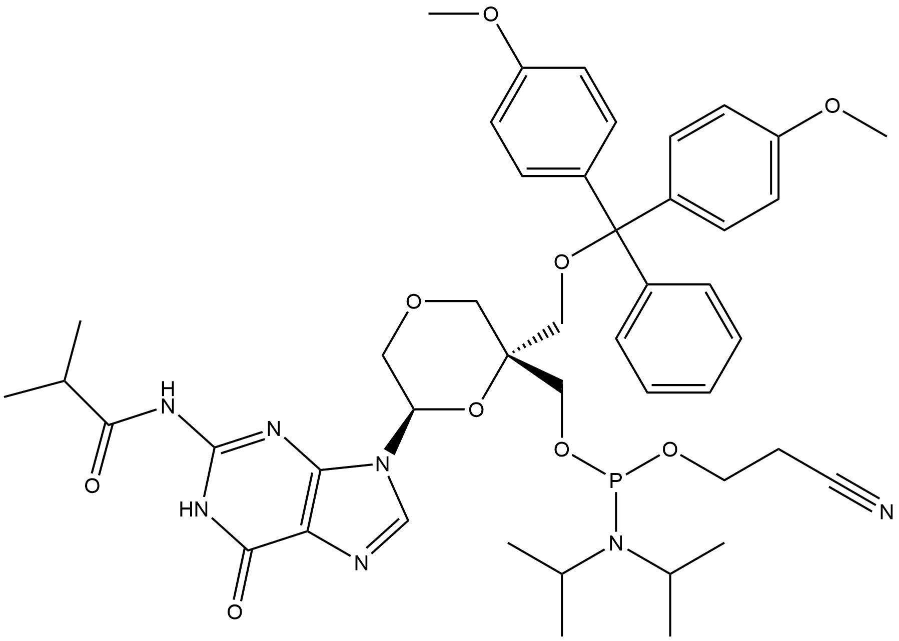 [(2R,6R)-2-[[Bis(4-methoxyphenyl)phenylmethoxy]methyl]-6-[1,6-dihydro-2-[(2-methyl-1-oxopropyl)amino]-6-oxo-9H-purin-9-yl]-1,4-dioxan-2-yl]methyl 2-cyanoethyl N,N-bis(1-methylethyl)phosphoramidite Struktur