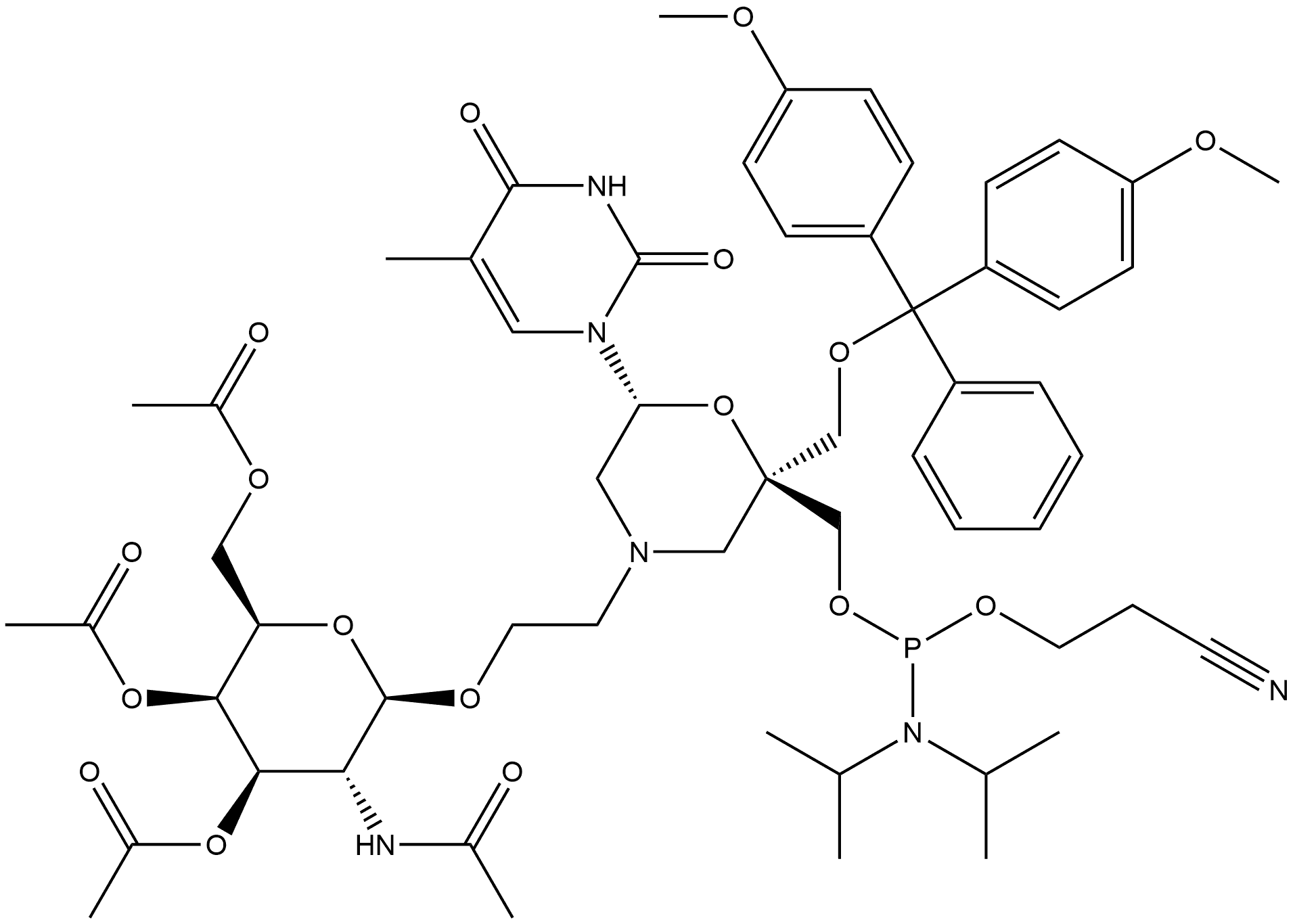 [(2S,6R)-2-[[Bis(4-methoxyphenyl)phenylmethoxy]methyl]-6-(3,4-dihydro-5-methyl-2,4-dioxo-1(2H)-pyrimidinyl)-4-[2-[[3,4,6-tri-O-acetyl-2-(acetylamino)-2-deoxy-β-D-galactopyranosyl]oxy]ethyl]-2-morpholinyl]methyl 2-cyanoethyl N,N-bis(1-methylethyl)phosphoramidite Structure