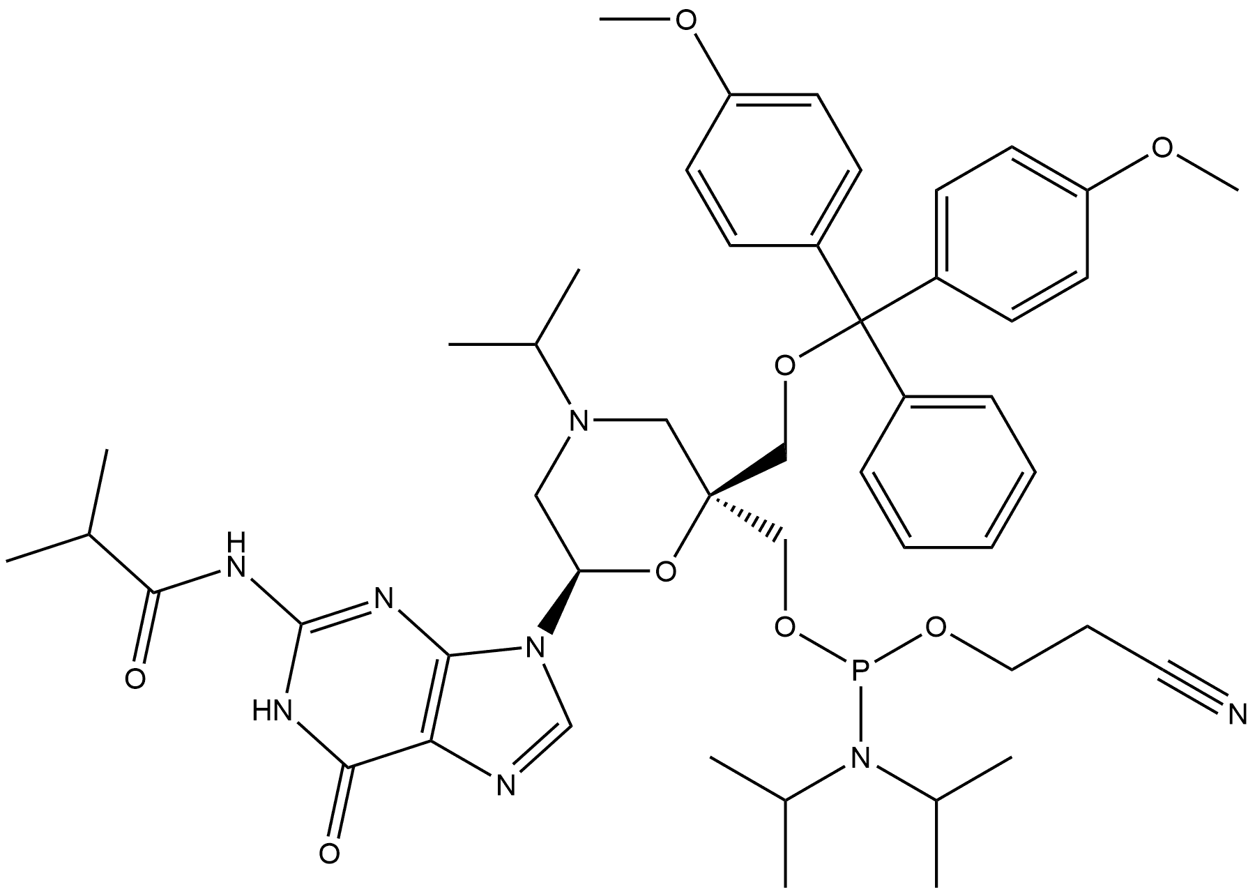 [(2S,6R)-2-[[Bis(4-methoxyphenyl)phenylmethoxy]methyl]-6-[1,6-dihydro-2-[(2-methyl-1-oxopropyl)amino]-6-oxo-9H-purin-9-yl]-4-(1-methylethyl)-2-morpholinyl]methyl 2-cyanoethyl N,N-bis(1-methylethyl)phosphoramidite Struktur