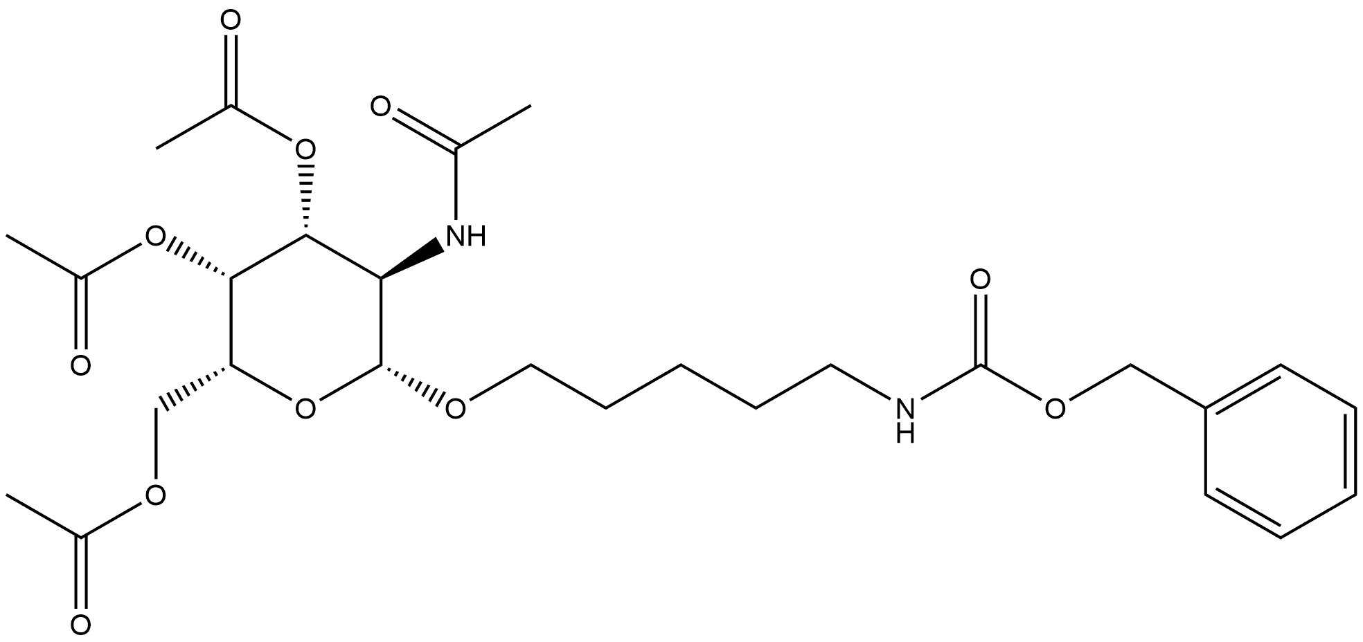 Carbamic acid, N-[5-[[3,4,6-tri-O-acetyl-2-(acetylamino)-2-deoxy-β-D-galactopyranosyl]oxy]pentyl]-, phenylmethyl ester Structure