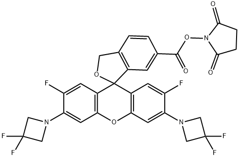 Spiro[isobenzofuran-1(3H),9'-[9H]xanthene]-6-carboxylic acid, 3',6'-bis(3,3-difluoro-1-azetidinyl)-2',7'-difluoro-, 2,5-dioxo-1-pyrrolidinyl ester Structure