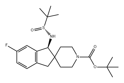 Spiro[2H-indene-2,4'-piperidine]-1'-carboxylic acid, 1-[[(R)-(1,1-dimethylethyl)sulfinyl]amino]-6-fluoro-1,3-dihydro-, 1,1-dimethylethyl ester, (1S)- 化学構造式