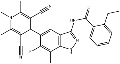 Benzamide, N-[5-(3,5-dicyano-1,4-dihydro-1,2,6-trimethyl-4-pyridinyl)-6-fluoro-7-methyl-1H-indazol-3-yl]-2-ethyl- 化学構造式