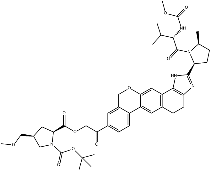 1,2-Pyrrolidinedicarboxylic acid, 4-(methoxymethyl)-, 1-(1,1-dimethylethyl) 2-[2-oxo-2-[1,4,5,11-tetrahydro-2-[(2S,5S)-1-[(2S)-2-[(methoxycarbonyl)amino]-3-methyl-1-oxobutyl]-5-methyl-2-pyrrolidinyl][2]benzopyrano[4',3':6,7]naphth[1,2-d]imidazol-9-yl]ethyl] ester, (2S,4S)- 化学構造式