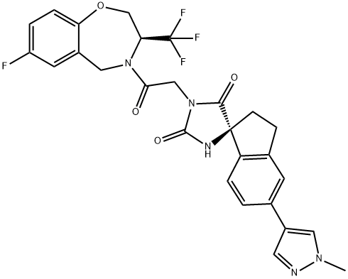 Spiro[imidazolidine-4,1'-[1H]indene]-2,5-dione, 1-[2-[(3S)-7-fluoro-2,3-dihydro-3-(trifluoromethyl)-1,4-benzoxazepin-4(5H)-yl]-2-oxoethyl]-2',3'-dihydro-5'-(1-methyl-1H-pyrazol-4-yl)-, (1'S)- 化学構造式