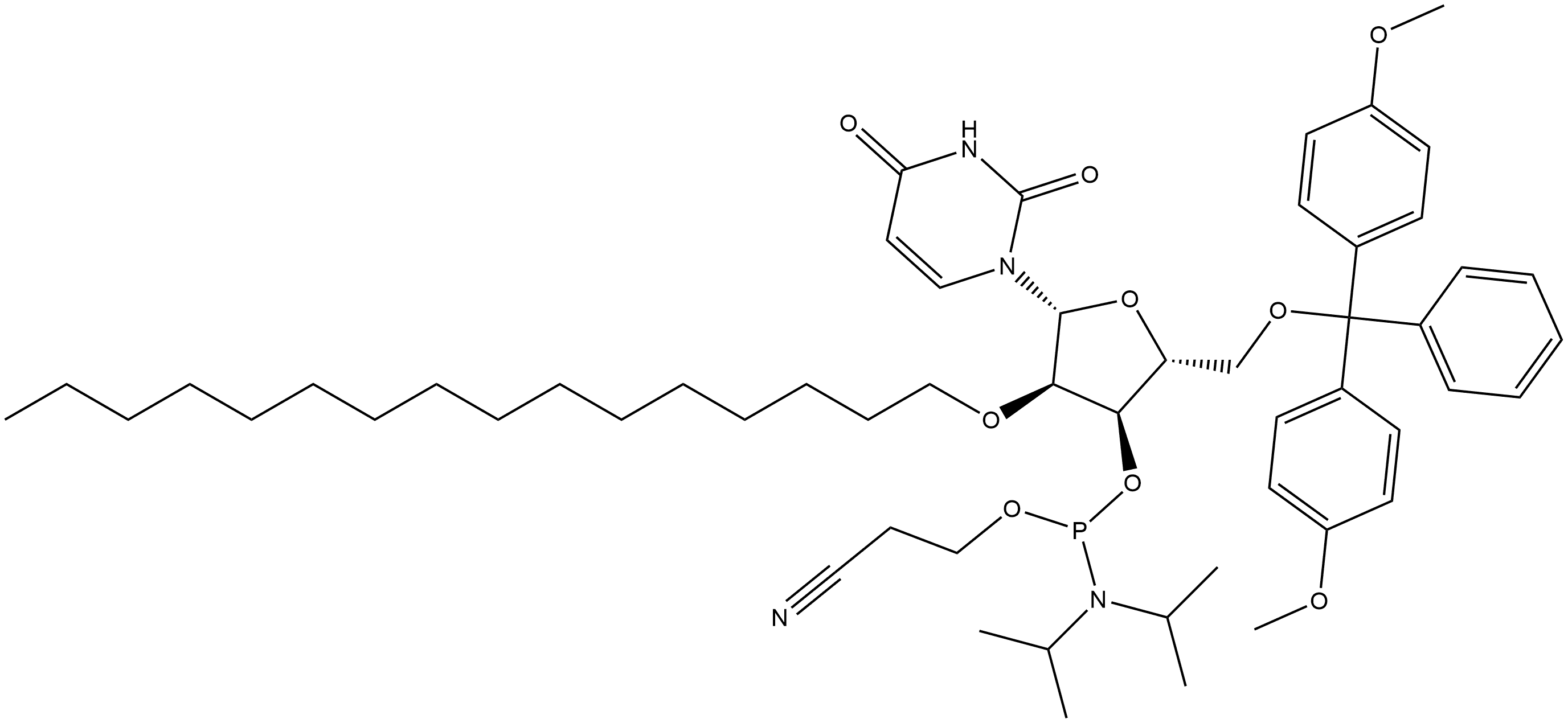 Uridine, 5'-O-[bis(4-methoxyphenyl)phenylmethyl]-2'-O-hexadecyl-, 3'-[2-cyanoethyl N,N-bis(1-methylethyl)phosphoramidite] 化学構造式