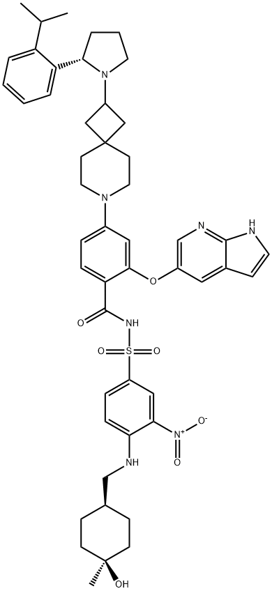 Benzamide, N-[[4-[[(trans-4-hydroxy-4-methylcyclohexyl)methyl]amino]-3-nitrophenyl]sulfonyl]-4-[2-[(2S)-2-[2-(1-methylethyl)phenyl]-1-pyrrolidinyl]-7-azaspiro[3.5]non-7-yl]-2-(1H-pyrrolo[2,3-b]pyridin-5-yloxy)- Structure