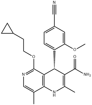 1,6-Naphthyridine-3-carboxamide, 4-(4-cyano-2-methoxyphenyl)-5-(2-cyclopropylethoxy)-1,4-dihydro-2,8-dimethyl-, (4S)- 化学構造式