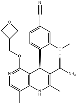 1,6-Naphthyridine-3-carboxamide, 4-(4-cyano-2-methoxyphenyl)-1,4-dihydro-2,8-dimethyl-5-(3-oxetanylmethoxy)-, (4R)- 化学構造式