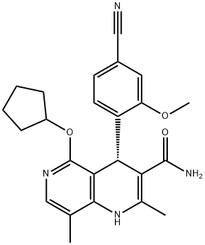 1,6-Naphthyridine-3-carboxamide, 4-(4-cyano-2-methoxyphenyl)-5-(cyclopentyloxy)-1,4-dihydro-2,8-dimethyl-, (4S)- Structure