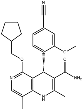 1,6-Naphthyridine-3-carboxamide, 4-(4-cyano-2-methoxyphenyl)-5-(cyclopentylmethoxy)-1,4-dihydro-2,8-dimethyl-, (4S)- 化学構造式