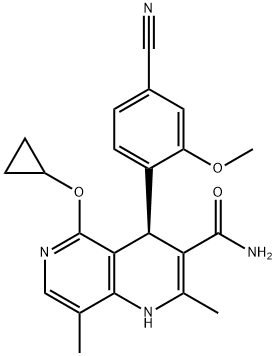1,6-Naphthyridine-3-carboxamide, 4-(4-cyano-2-methoxyphenyl)-5-(cyclopropyloxy)-1,4-dihydro-2,8-dimethyl-, (4R)- Struktur