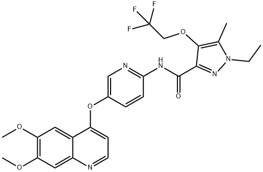 1H-Pyrazole-3-carboxamide, N-[5-[(6,7-dimethoxy-4-quinolinyl)oxy]-2-pyridinyl]-1-ethyl-5-methyl-4-(2,2,2-trifluoroethoxy)- 化学構造式