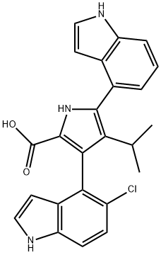 1H-Pyrrole-2-carboxylic acid, 3-(5-chloro-1H-indol-4-yl)-5-(1H-indol-4-yl)-4-(1-methylethyl)- Struktur