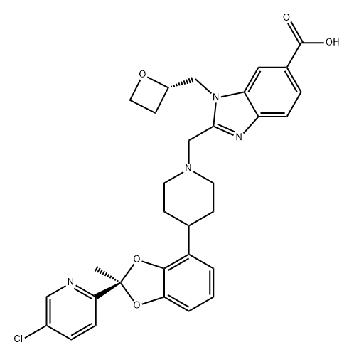 1H-Benzimidazole-6-carboxylic acid, 2-[[4-[(2R)-2-(5-chloro-2-pyridinyl)-2-methyl-1,3-benzodioxol-4-yl]-1-piperidinyl]methyl]-1-[(2S)-2-oxetanylmethyl]- Structure