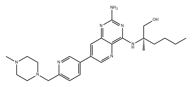 1-Hexanol, 2-[[2-amino-7-[6-[(4-methyl-1-piperazinyl)methyl]-3-pyridinyl]pyrido[3,2-d]pyrimidin-4-yl]amino]-2-methyl-, (2R)- Struktur