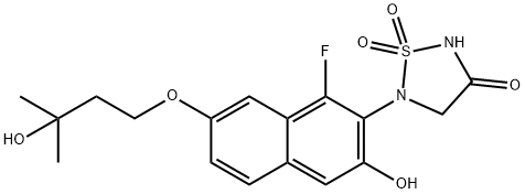 1,2,5-Thiadiazolidin-3-one, 5-[1-fluoro-3-hydroxy-7-(3-hydroxy-3-methylbutoxy)-2-naphthalenyl]-, 1,1-dioxide,2407611-02-1,结构式