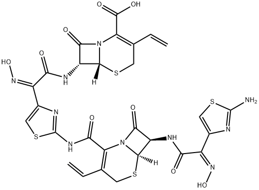 5-Thia-1-azabicyclo[4.2.0]oct-2-ene-2-carboxylic acid, 7-[[(2Z)-2-[2-[[[(6R,7R)-7-[[(2Z)-2-(2-amino-4-thiazolyl)-2-(hydroxyimino)acetyl]amino]-3-ethenyl-8-oxo-5-thia-1-azabicyclo[4.2.0]oct-2-en-2-yl]carbonyl]amino]-4-thiazolyl]-2-(hydroxyimino)acetyl]amino]-3-ethenyl-8-oxo-, (6R,7R)- Struktur