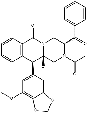 6H-Pyrazino[1,2-b]isoquinolin-6-one, 2-acetyl-3-benzoyl-1,2,3,4,11,11a-hexahydro-11-(7-methoxy-1,3-benzodioxol-5-yl)-, (3R,11S,11aS)- 化学構造式
