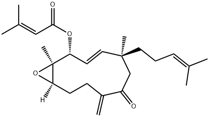 2-Butenoic acid, 3-methyl-, (1R,2R,5S,11R)-1,5-dimethyl-8-methylene-5-(4-methyl-3-penten-1-yl)-7-oxo-12-oxabicyclo[9.1.0]dodec-3-en-2-yl ester Structure