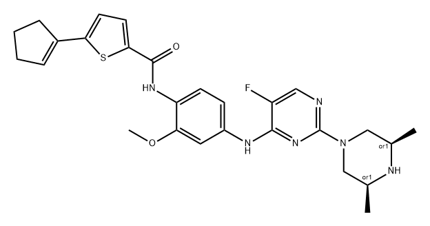 2-Thiophenecarboxamide, 5-(1-cyclopenten-1-yl)-N-[4-[[2-[(3R,5S)-3,5-dimethyl-1-piperazinyl]-5-fluoro-4-pyrimidinyl]amino]-2-methoxyphenyl]-, rel- Structure