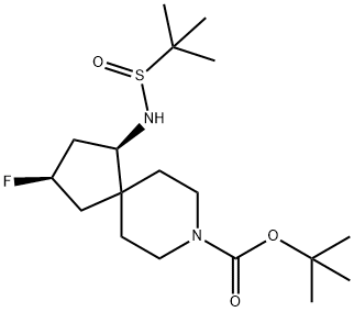 8-Azaspiro[4.5]decane-8-carboxylic acid, 1-[[(1,1-dimethylethyl)sulfinyl]amino]-3-fluoro-, 1,1-dimethylethyl ester, (1R,3R)- Struktur