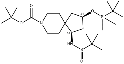 8-Azaspiro[4.5]decane-8-carboxylic acid, 3-[[(1,1-dimethylethyl)dimethylsilyl]oxy]-1-[[(1,1-dimethylethyl)sulfinyl]amino]-, 1,1-dimethylethyl ester, (1R,3R)- Struktur